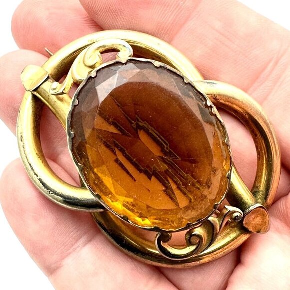 Antique Victorian Womans Brooch Gold Filled Citrine Glass Pin 1890s - Picture 1 of 5